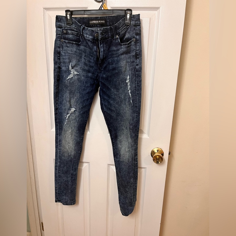 Express Mid-Rise Distressed Legging Jeans - Dark Blue